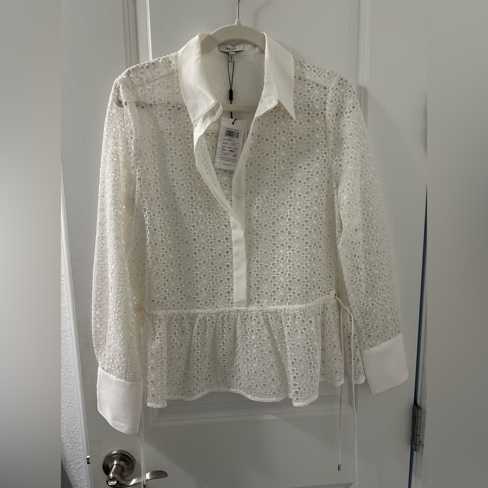 REISS Lace Button-Down Blouse